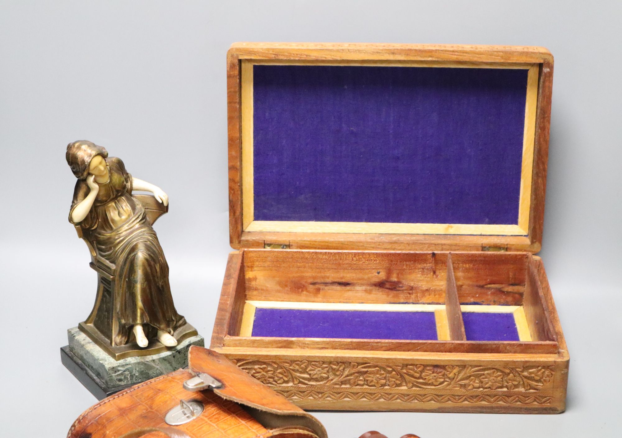 A spelter figure, Canton enamels items, binoculars etc
